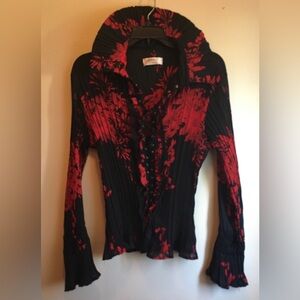 Red and Black Floral Lace-Up Blouse